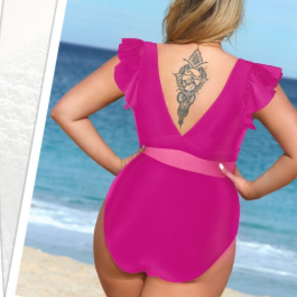 Cupshe Pink Ruffle Plunge One Piece Swimsuit 3X Plus Size | NWT Flattering Mesh - Picture 2 of 2